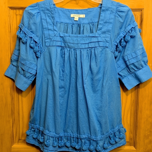 Chico's Peasant Blouse Tassel Sz 0 = Small Square Neck 3/4 Sleeve Top Blue Boho - Picture 8 of 10